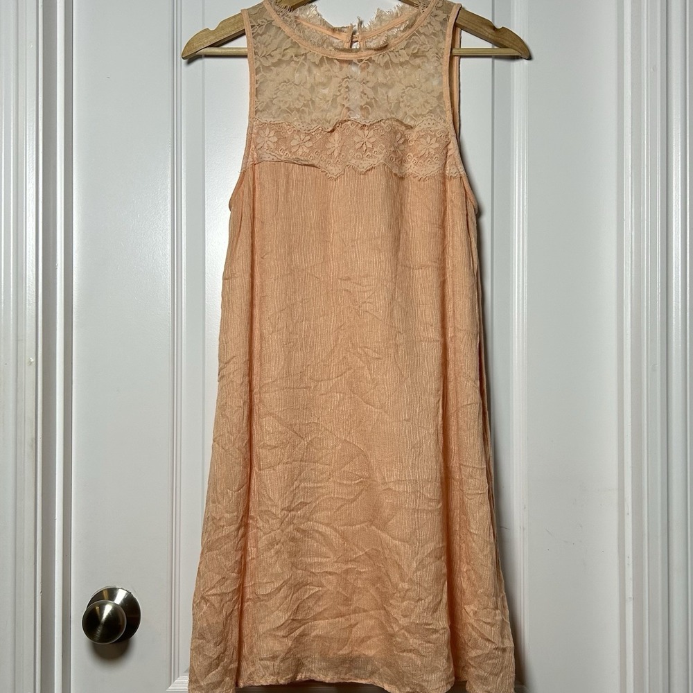 Altar'd State Peach Blush Lace Yoke Sleeveless Mini Shift Dress Coquette Style